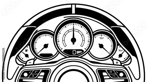 Car dashboard with speedometer illustration.