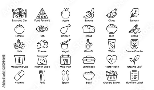 Bild auf Leinwand ssional editable thin line vector icon set containing 36 modern nutrition icons in a perfectly aligned 6×6 grid on a solid white background