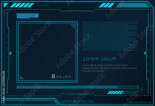 Futuristic blue cyber security interface HUD frame with lock icon and system detector screen