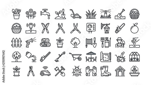 Obraz na płótnie A large collection of gardening tools and outdoor equipment line icons for hobby