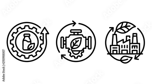 Green manufacturing and sustainable dairy production icons with manufacturing sustainable production environment industry business friendly industrial efficiency technology corporate