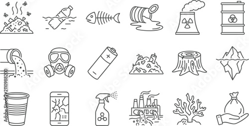 Bild auf Leinwand Environmental Pollution Ecological Crisis and Global Warming Line Icon Set for C