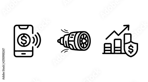 Financial technology and business growth concept set with technology security business investment transaction currency protection performance innovation efficiency management monochrome