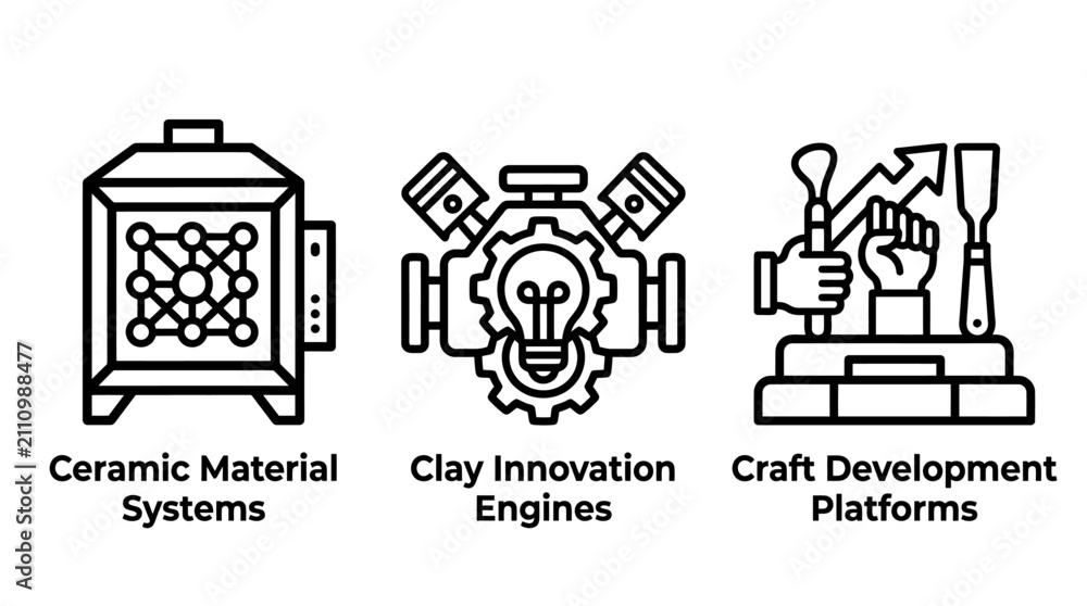 Obraz premium Ceramic material science and craft innovation icon set with material innovation technology manufacturing industrial development platform production engineering artistic creative automation
