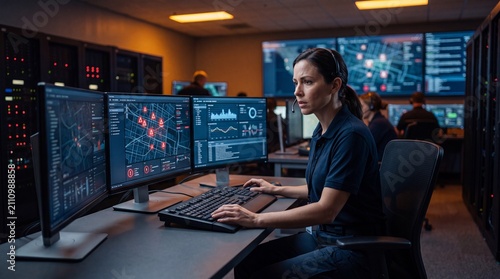A focused professional analyzes data on multiple monitors in a modern control room environment.