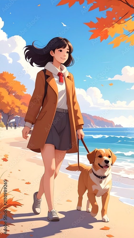 Obraz premium An anime-style illustration of a person walking a dog on a sunny beach, with autumn foliage framing the view