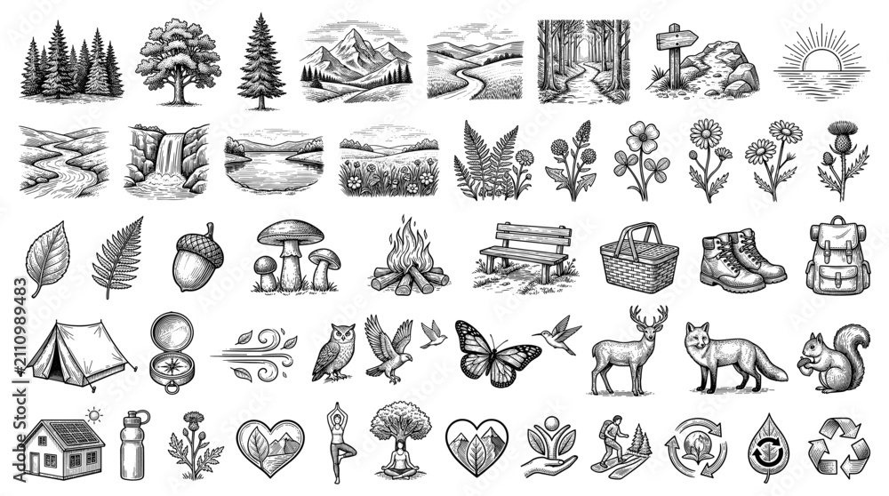 Obraz premium Nature and healthy rest icon set with green landscape fresh air and forest path for web design