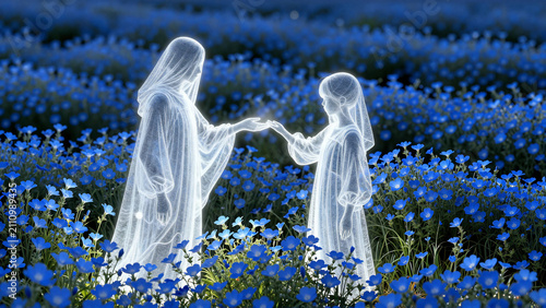 Ethereal Spirits Connect in a Luminous Blue Flower Field
