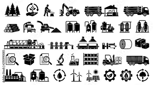 Industrial Paper Manufacturing and Forestry Process Black Vector Set with Wood Production Workflow