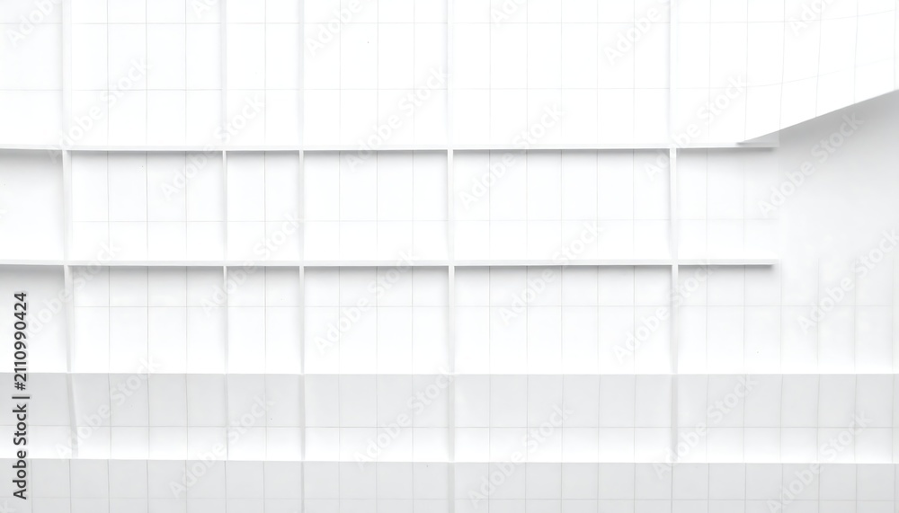 Fototapeta premium An abstract, minimalist architectural rendering showcasing a white, grid-like structure with receding shelves. The scene is brightly lit with a clean, geometric design