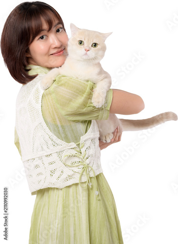 Happy asian woman hug cute white cat holding pet lovingly isolated on transparency background showing joyful smile bond affection domestic animal relationship. PNG file format