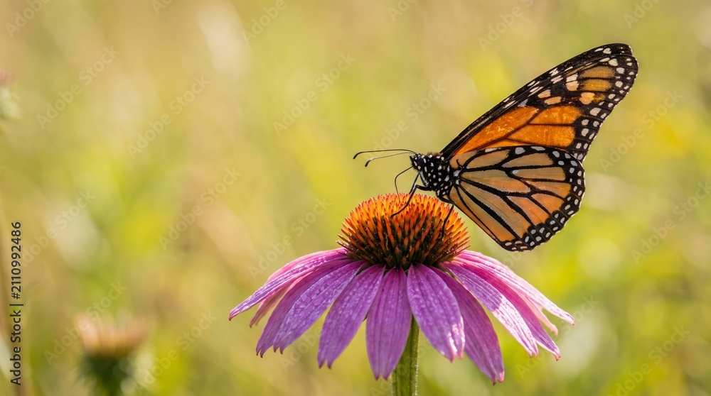 Obraz premium Monarch Butterfly Feeding on Purple Coneflower in Sunlit Field