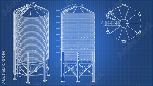 Storage Grain Silo design and engineering - technical drawing blueprint. 3D rendering isolated on blue background. Ideal for professionals, educational, engineering design