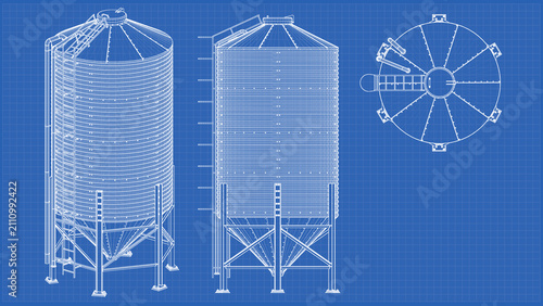 Storage Grain Silo design and engineering - technical drawing blueprint. 3D rendering isolated on blue background. Ideal for professionals, educational, engineering design