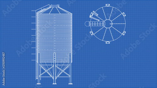 Storage Grain Silo design and engineering - technical drawing blueprint. 3D rendering isolated on blue background. Ideal for professionals, educational, engineering design