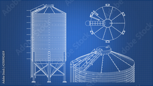 Storage Grain Silo design and engineering - technical drawing blueprint. 3D rendering isolated on blue background. Ideal for professionals, educational, engineering design