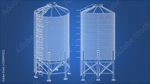 Storage Grain Silo design and engineering - technical drawing blueprint. 3D rendering isolated on blue background. Ideal for professionals, educational, engineering design