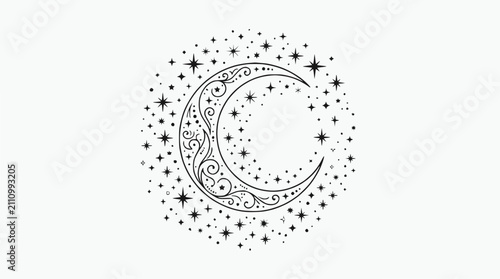Foto Celestial Crescent Moon with Swirling Ornaments and Stars
