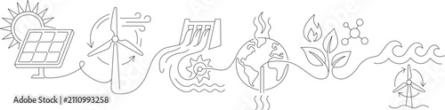 Continuous one line drawing of renewable energy icons with solar, wind, hydro and sustainability concepts. Vector illustration
