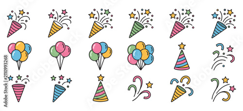 Фотография Set of festive party icons including colorful balloons and confetti poppers desi