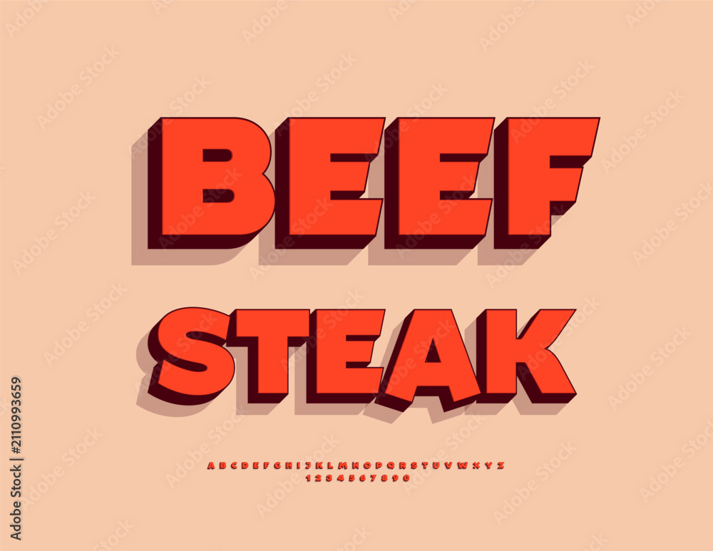 Fototapeta premium Vector Promo flyer Beef Steak for Cafe, Diner and Restaurant. Bright Artistic Red 3D Font. Modern Uppercase Alphabet Letters and Numbers set. 