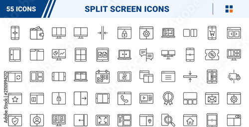 Split screen line icon set. Vector pictograms of dual, view, display, and layout elements, thin linear illustration.