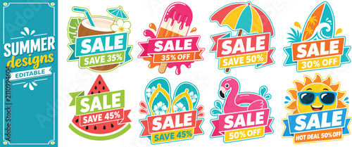 Summer Sale Sticker Collection with Tropical Beach and Fruit Editable Vector Set