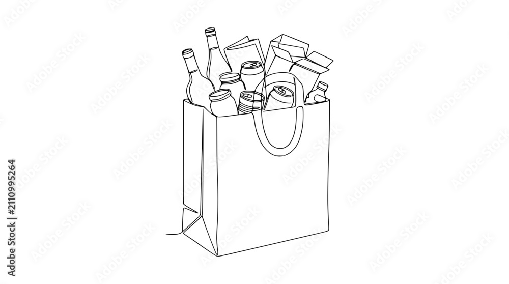 Obraz premium Continuous line drawing of a paper grocery bag full of groceries and bottles