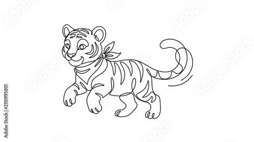 Minimalist continuous line drawing of a happy tiger cub with a neck scarf continuous wildlife illustration whiskers