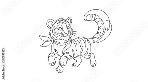 Continuous line art illustration of a cute tiger cub wearing a scarf with continuous wildlife illustration monochrome