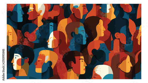 Colorful diverse illustrated crowd of people with various hair and skin tones in modern art style for social or community themes