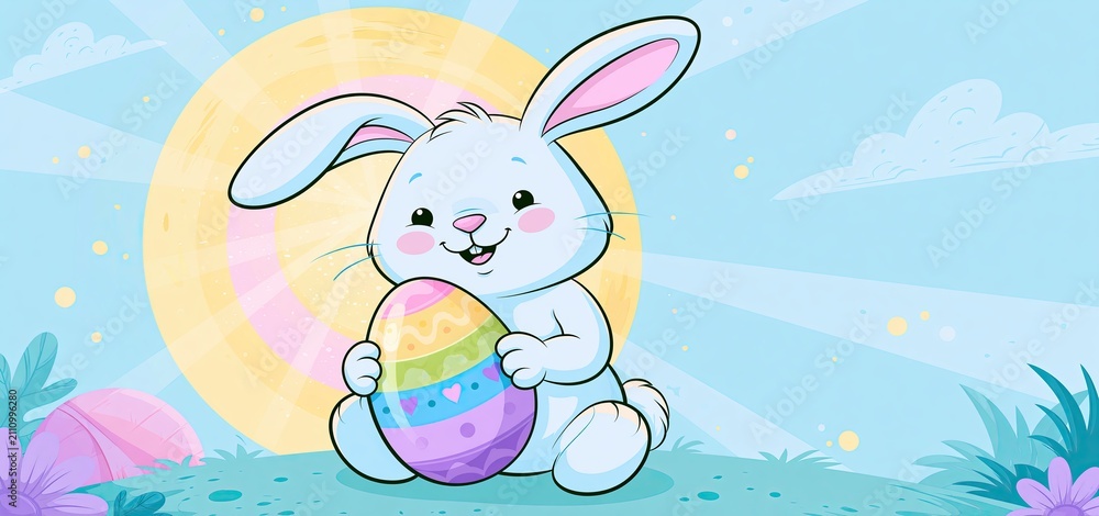 Obraz premium A cute rabbit clutching a decorated egg with a bright, festive springtime backdrop ideal for Easter.