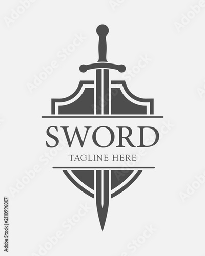 Sword and shield graphic logo. Sign isolated on white background. Vector illustration