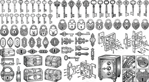Vintage keys, padlocks, and antique locks vector set with treasure chests and security hardware
