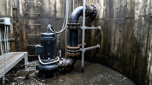 large municipal sewage lift station pump installed inside reinforced concrete wet well for wastewater transport infrastructure