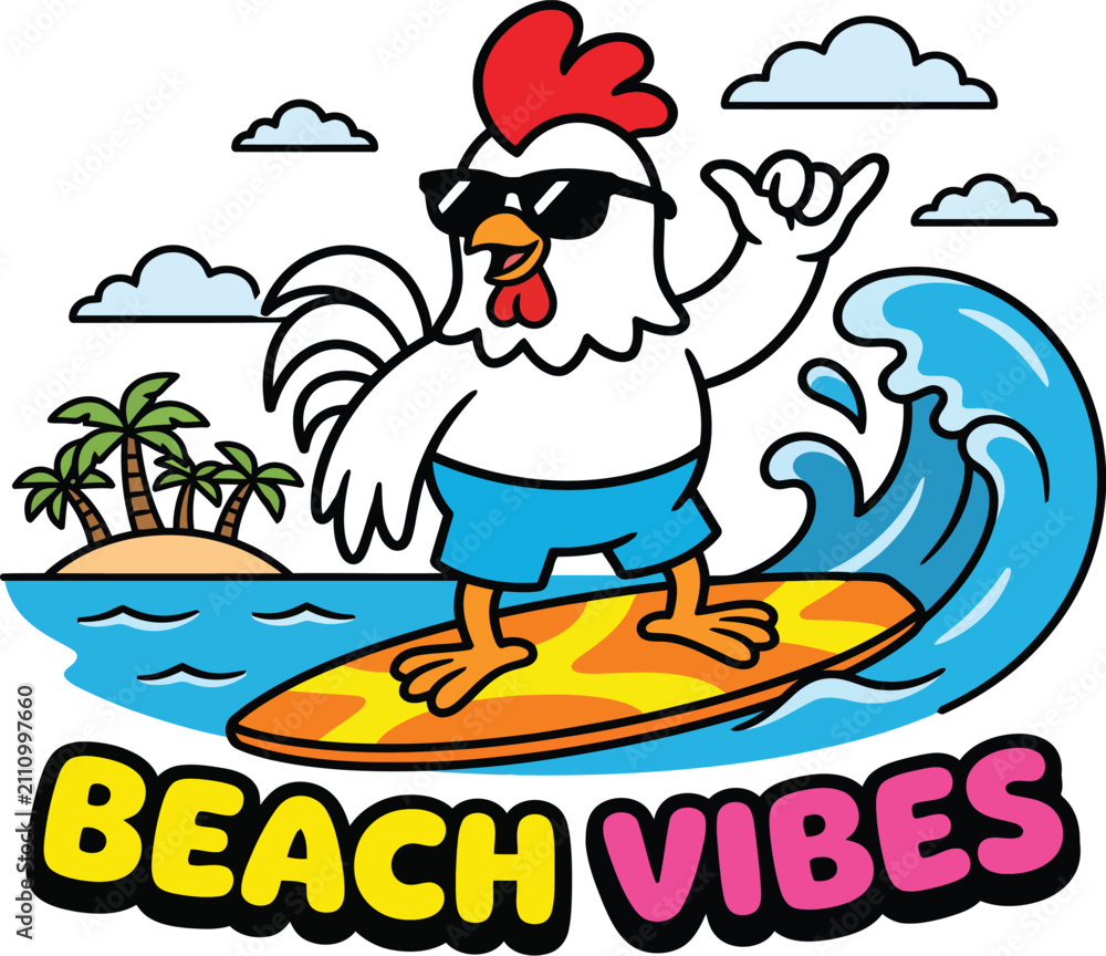 Naklejka premium Beach Vibes Chicken Cartoon Mascot Surfing Ocean Wave with Palm Trees Illustration