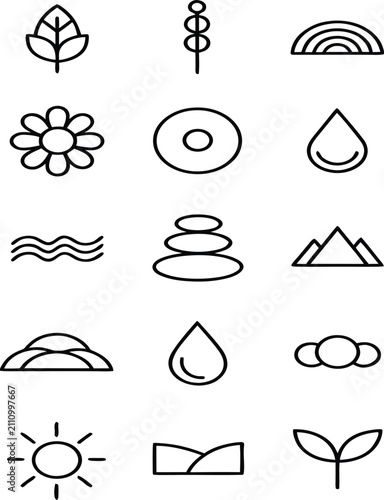 Nature and outdoor environment line featuring leaves, flowers, sun, mountains, water drops, waves, and zen stone stacks