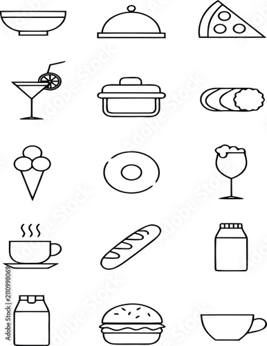 Food and beverage line featuring bowl, serving tray, pizza slice, cocktail, ice cream, donut, coffee cup, bread, and burger
