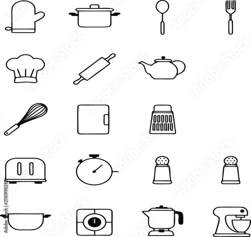 Kitchenware and cooking utensils line featuring pots, pans, whisk, rolling pin, teapot, toaster, and food preparation tools