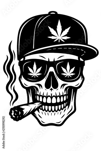 Cannabis Skull Black and White Vector Illustration