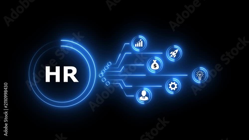 HR concept with glowing red network and icons on black background Keywords: investment, finance, money, business, growth, profit, return, capital, asset, portfolio, trading,