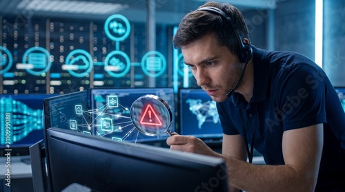 Focused male technician working in a cybersecurity control room, analyzing data on multiple screens.