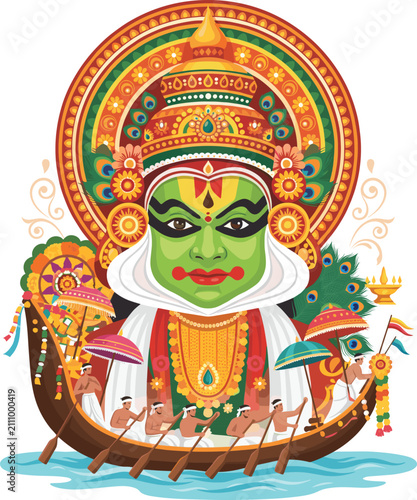 Kathakali Dancer in a Boat with Umbrellas Onam Kerala Festival