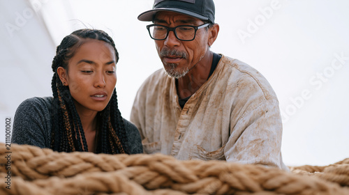 A nautical rigger and partner examining a complex rope splice against a sterile white background, couple dynamic showing quiet focus and shared expertise, sail rigging components