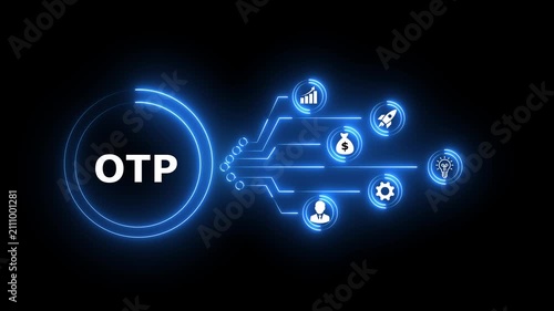 OTP concept with glowing red network and icons on black background Keywords: investment, finance, money, business, growth, profit, return, capital, asset, portfolio, trading,