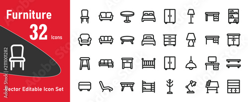 Fotografía Collection of thirty two interior design graphic illustration icons presented as