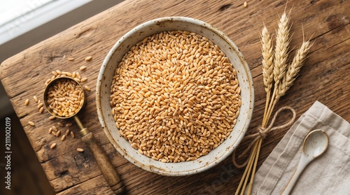 Wheat grains displayed in ceramic bowl and copper measuring spoon on rustic wood with linen napkin and dried cereal ears in soft light.