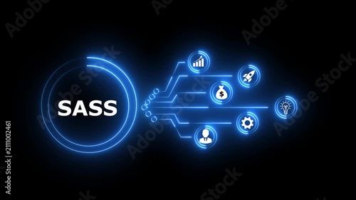 SASS concept with glowing red network and icons on black background Keywords: investment, finance, money, business, growth, profit, return, capital, asset, portfolio, trading,