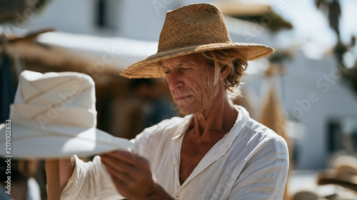 A milliner working alone under harsh midday sun at an outdoor market stall, pinning a wide brimmed structured hat onto a display stand, sweat on brow, professional focus,