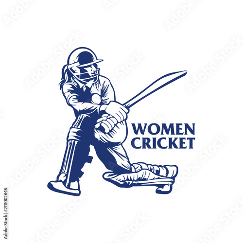 Female Cricket Batsman Vector Illustration Logo. Silhouette design is perfect for sports mascots, cricket team logos, athletic apparel, training facility branding